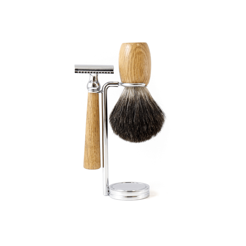 Kit de rasage fabriqué en France : Rasoir de sécurité, blaireau de rasage en poils de blaireau, serviteur en acier inoxydable Kit de rasage fabriqué en France : Rasoir de sécurité, blaireau de rasage en poils de blaireau, serviteur en acier inoxydable