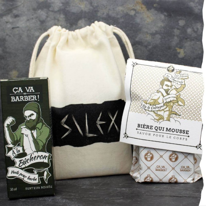 Coffret cadeau pour barbu bio : huile à barbe bio et savon surgras bio ça va barber, sac cadeau Silex