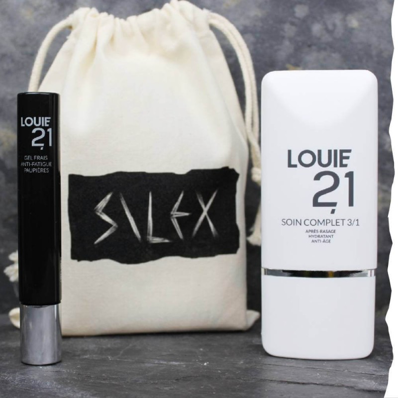 Coffret cadeau de soins visage bio pour homme fabriqués en France Louie21 Anti âge et sac